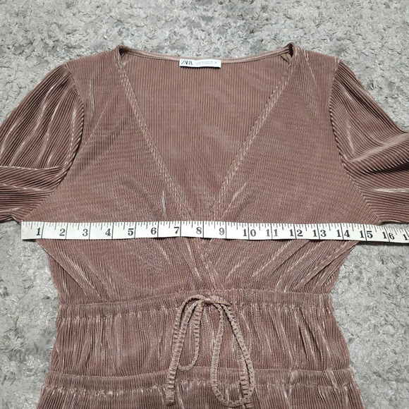 ZARA Balloon Sleeve Accordian Pleated Surplice Front Peplum Top, Taupe Color, S - Picture 11 of 14